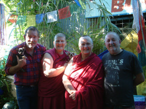 Gaz and Andy with two Buddhist Nuns at Buddha Shop Yackandandah